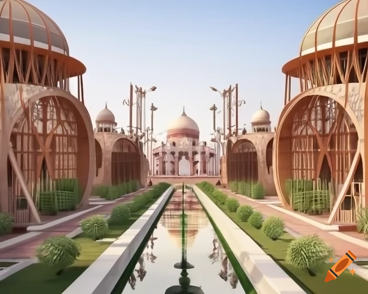Modern sustainable redesign of the Taj Mahal featuring eco-friendly architecture