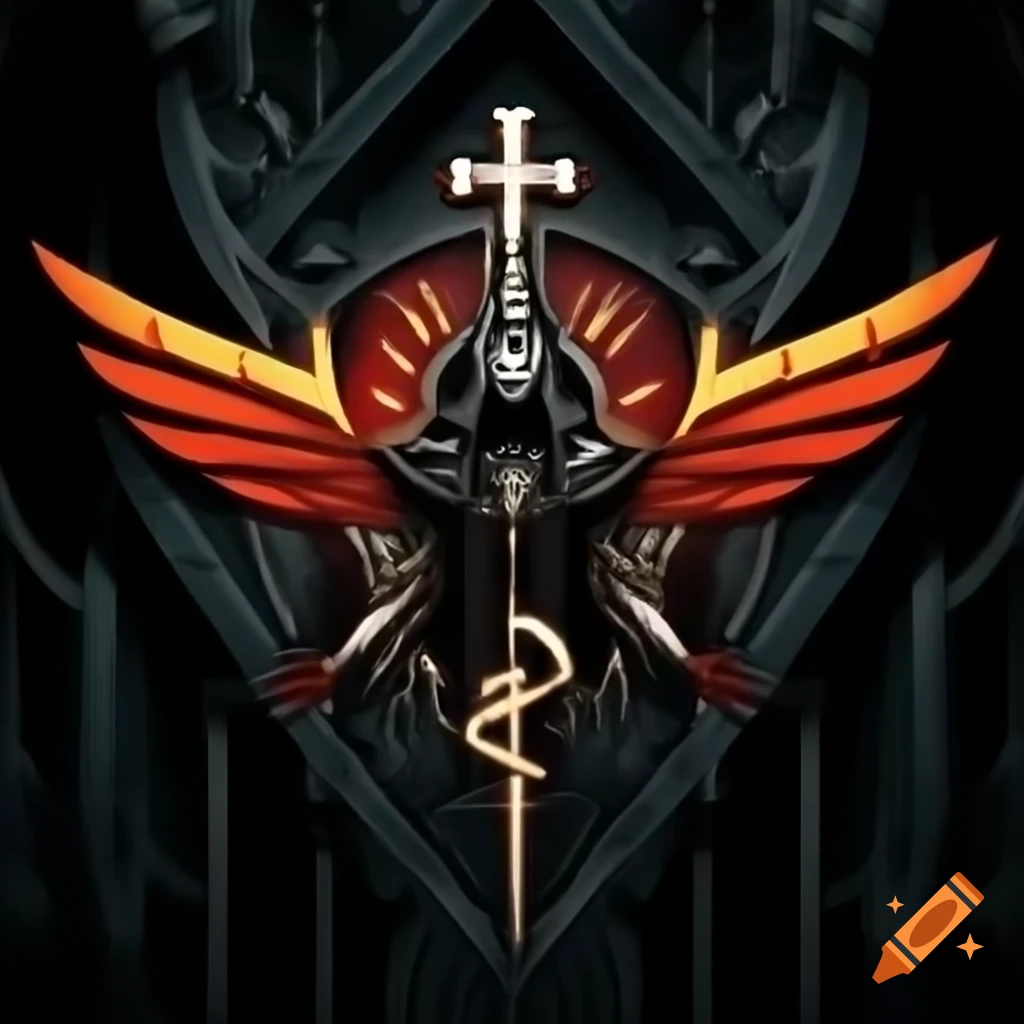Logo design featuring dark angelic figure with six wings, incorporating Orthodox symbolism
