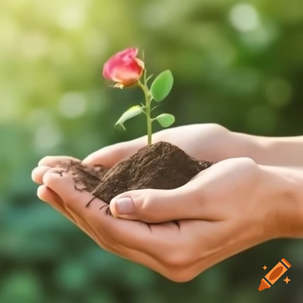 Hands handling terrain with small rose plant