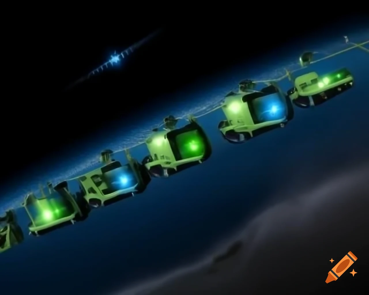 Construction machines lined up on an alien planet with colorful celestial background