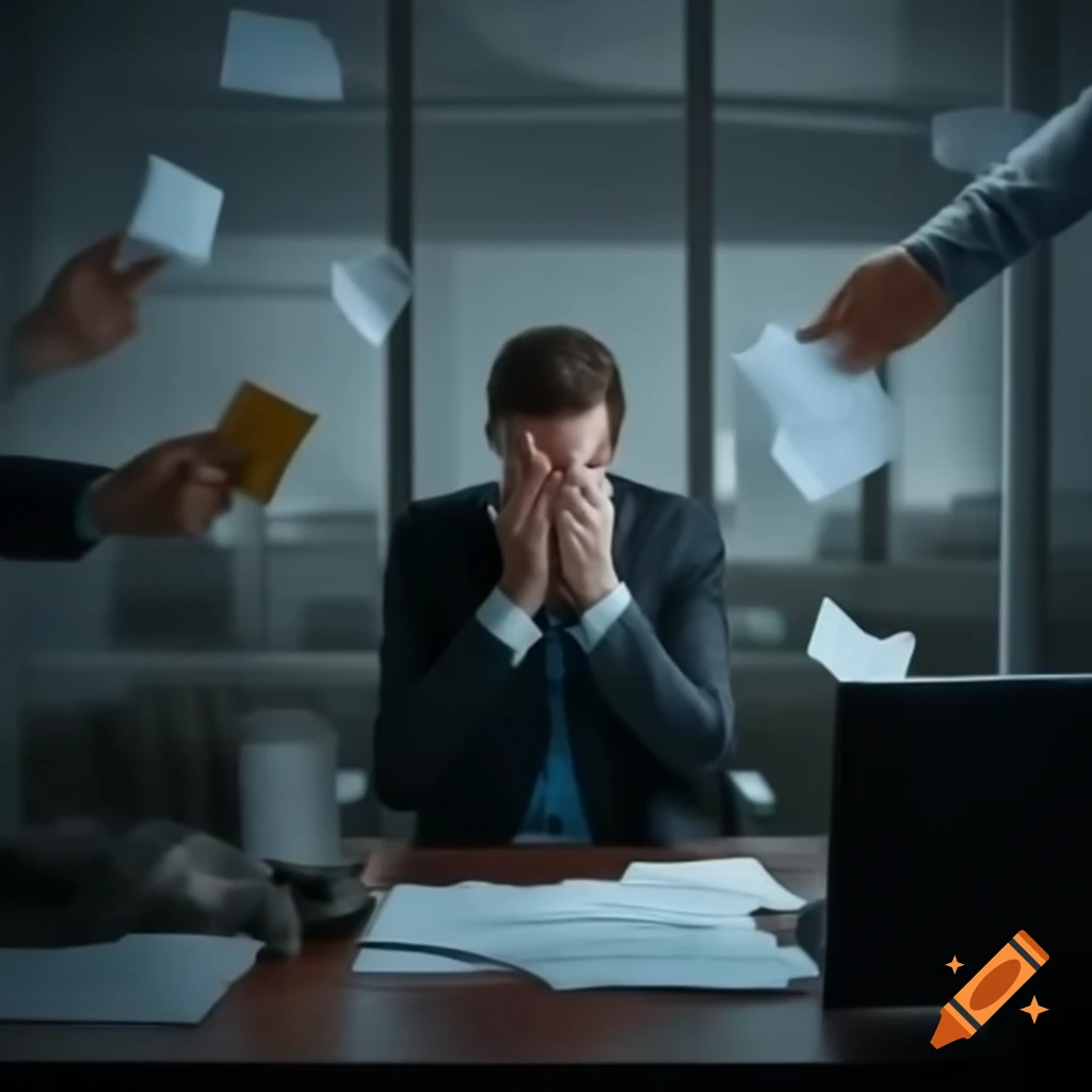 Stressed person in office cubicle with papers thrown above, lion in suit as boss