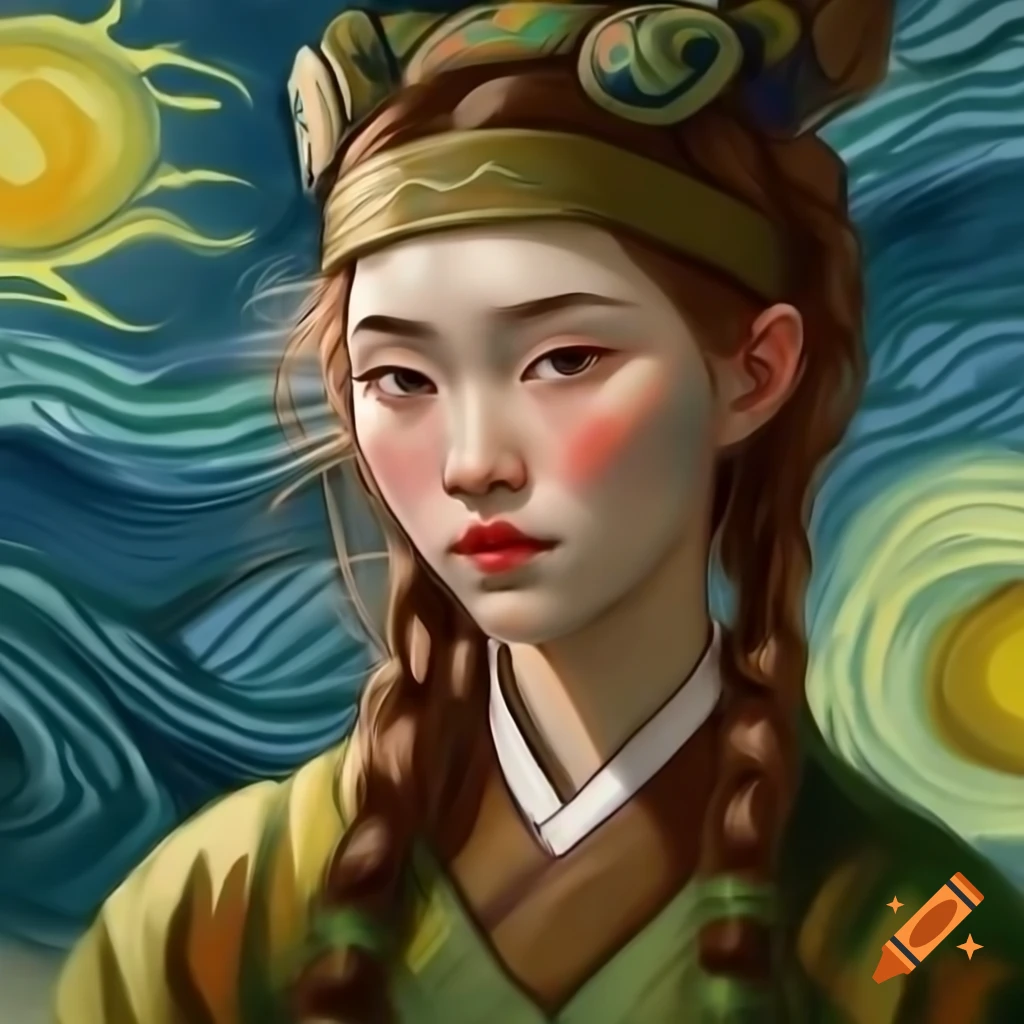 Portrait of Korean woman in Celtic attire, anime style with Van Gogh and Rembrandt influences