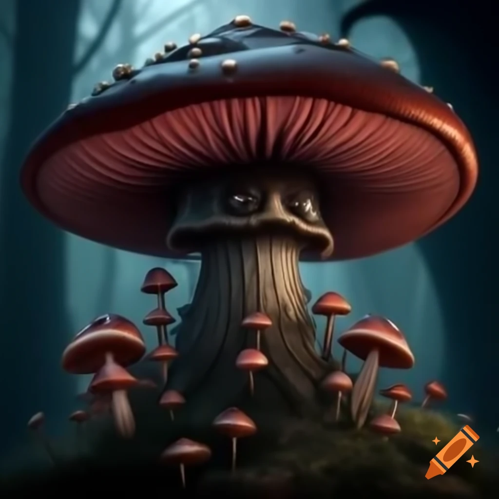 Gothic forest filled with ominous mushrooms