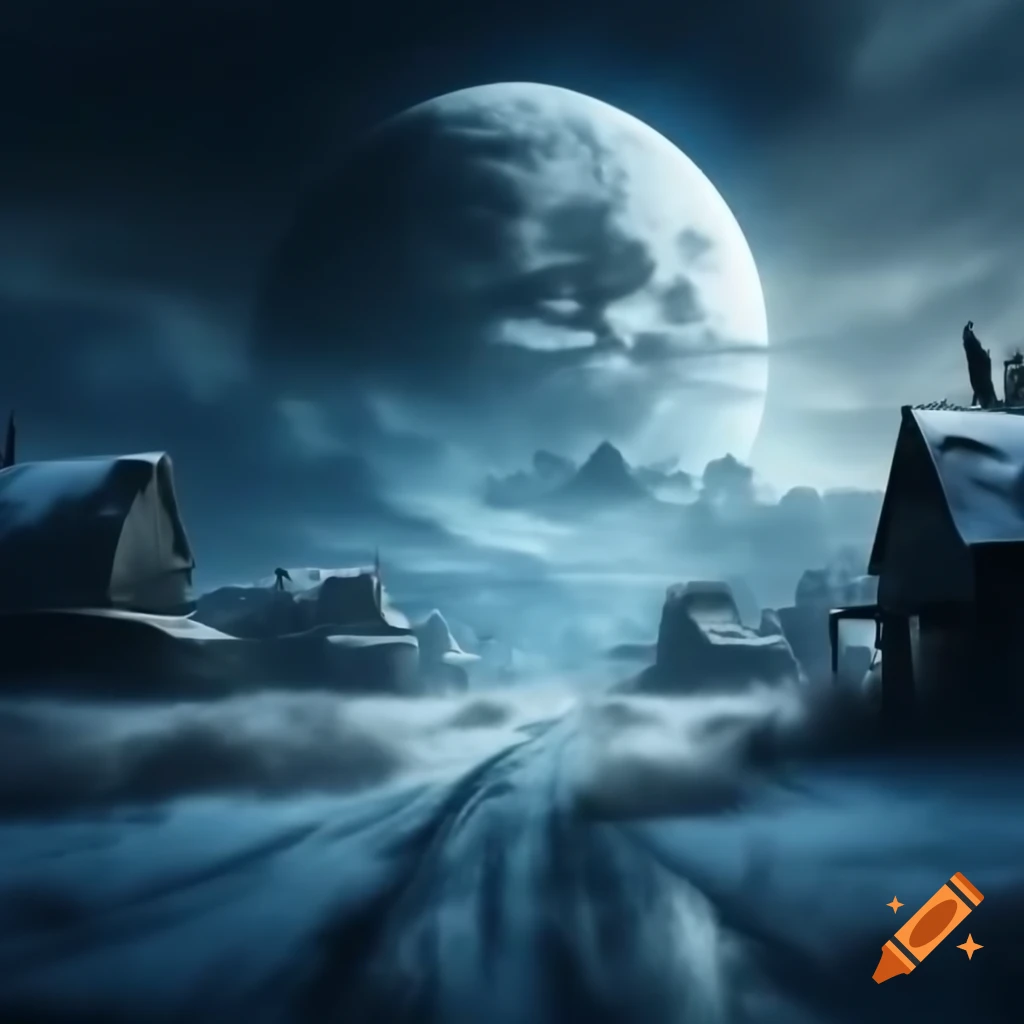 Frozen wasteland with snow drifts and abandoned houses under full moon