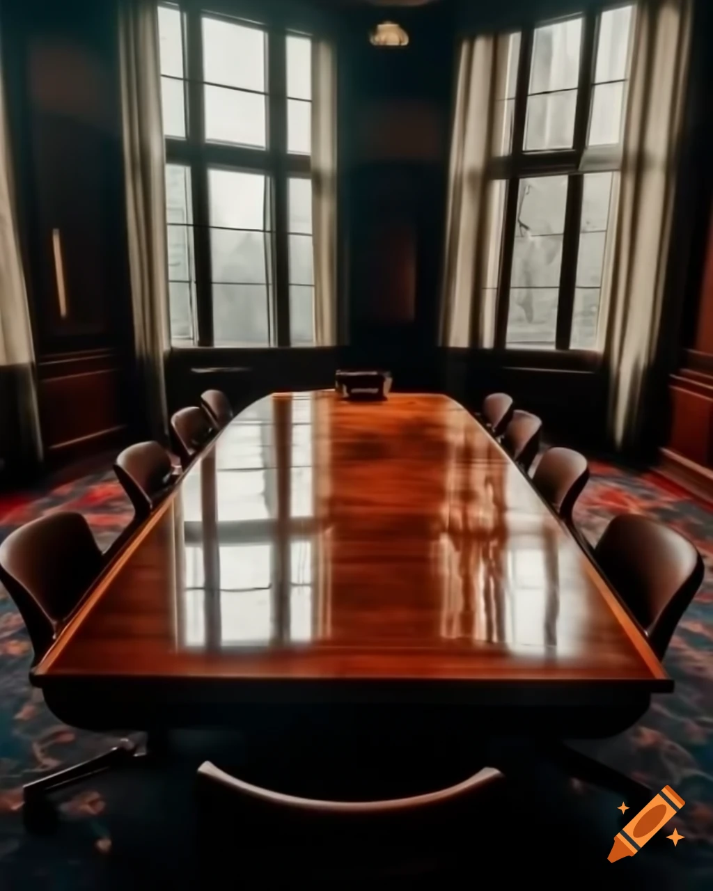 Polished mahogany table in a boardroom, sunlight casting shadows