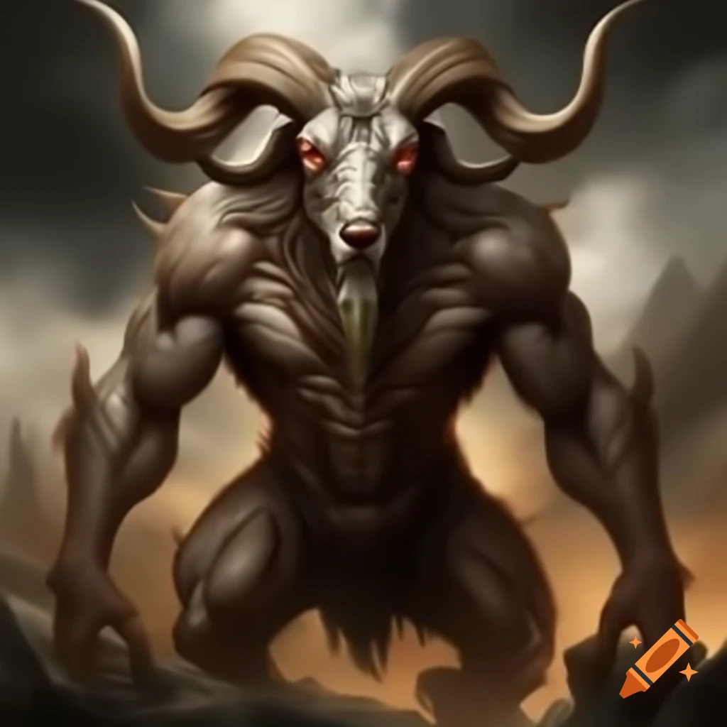 Realistic depiction of a goat-headed demon with large horns and muscular legs in oil painting