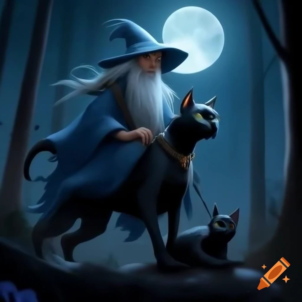 Wizard in blue robes riding a black cat through moonlit forest filled with stardust