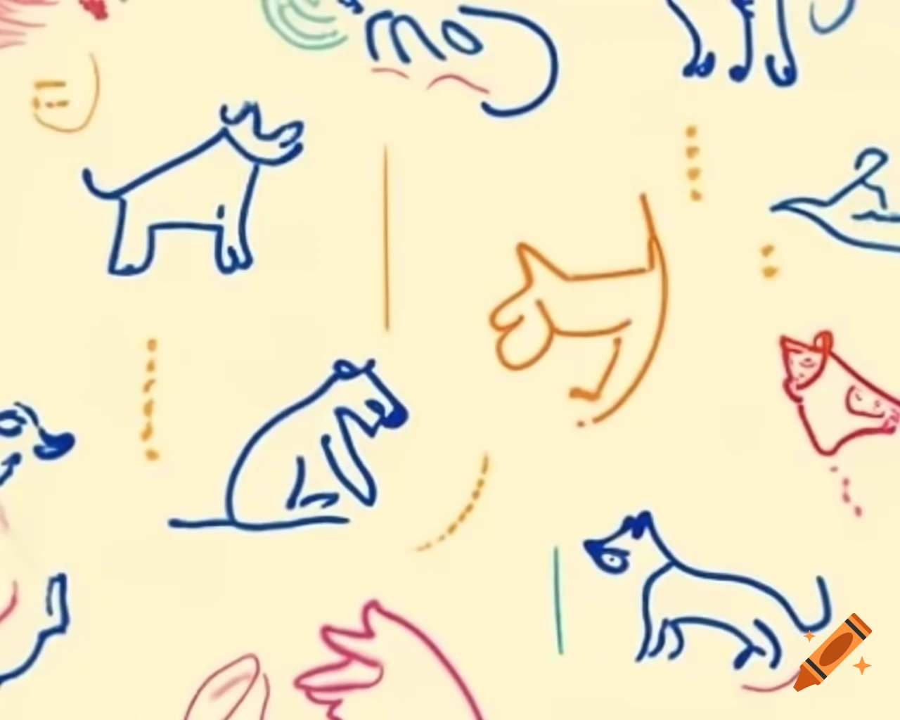 Minimalist line drawings of dogs playing on colorful retro background