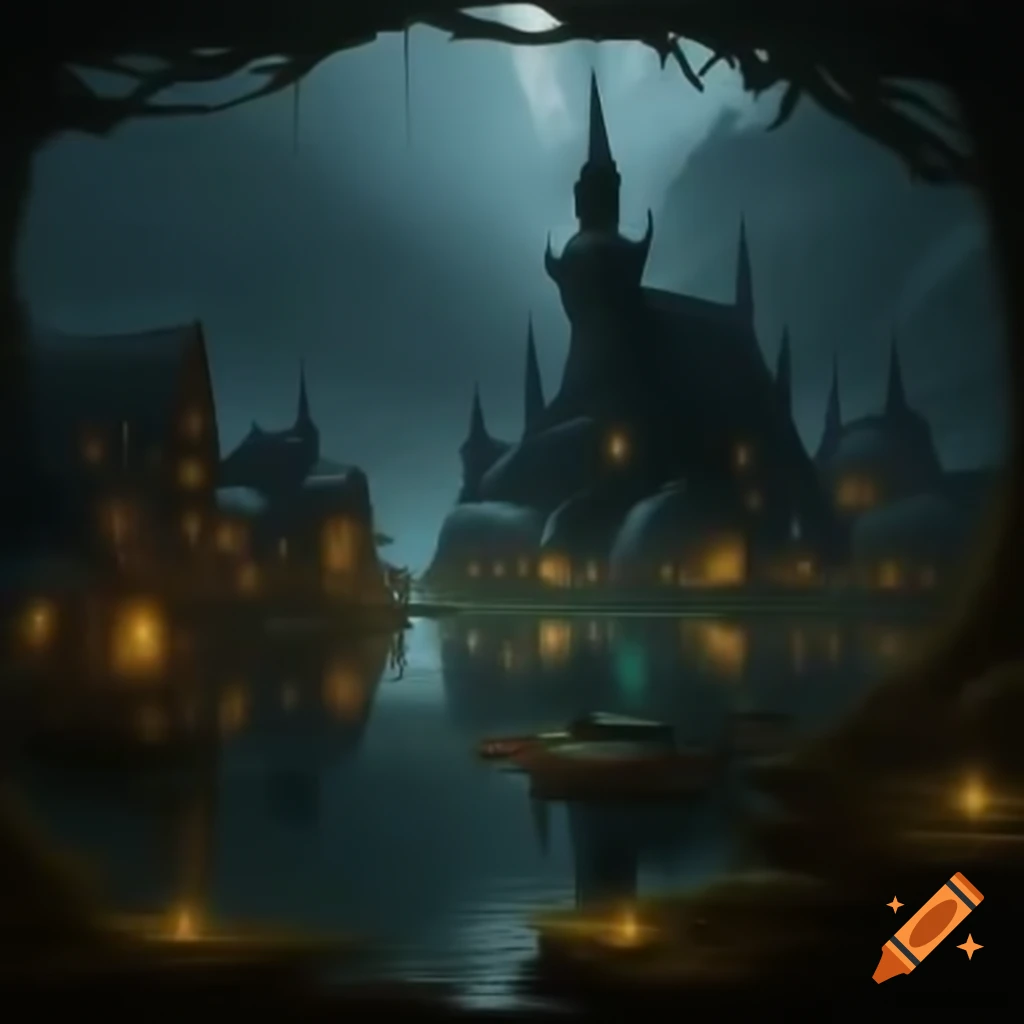 City of high elves on a large lake in dark fantasy style