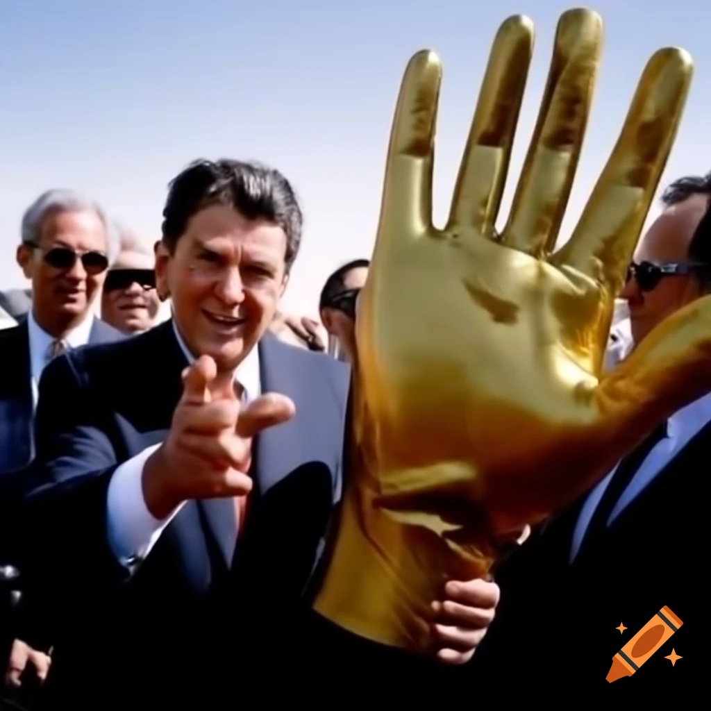 Ronald Reagan in secret meeting with golden glove in desert setting