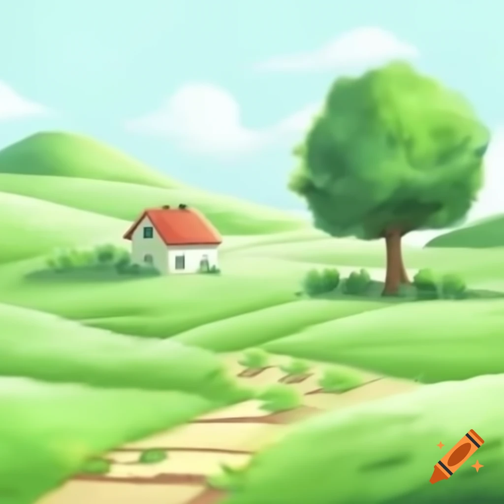 Landscape drawing featuring small house, apple tree, and hill