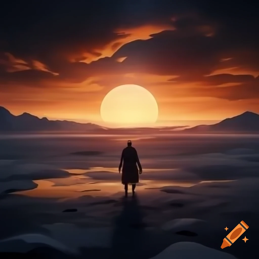 Lone sunset warrior in barren arctic wasteland at dusk with golden and pink sky