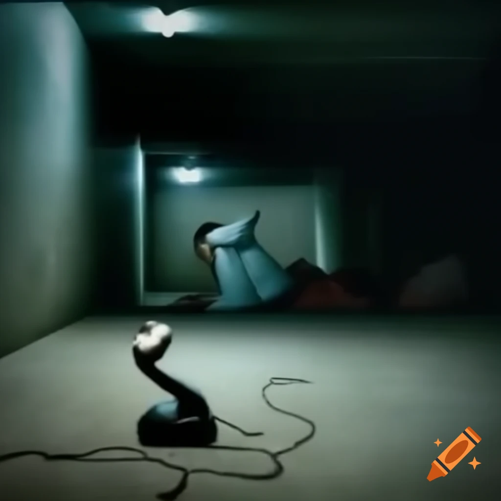 Terrified person lying on basement floor holding old phone
