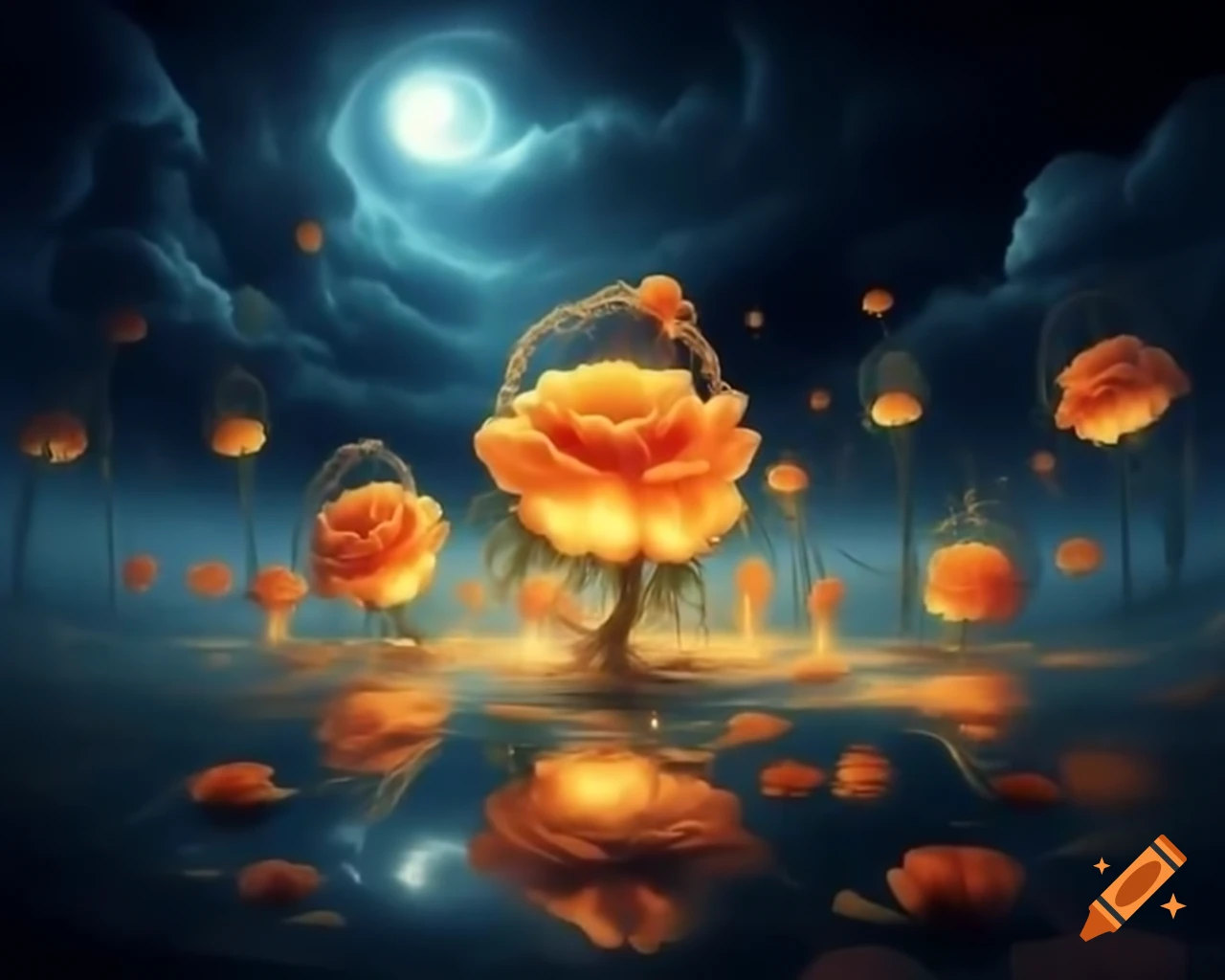 Celestial beauty on moonlit shore with glowing lanterns and tranquil water