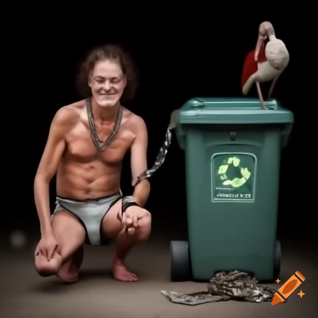 Man wearing chains and diaper sitting on an ibis bird beside garbage bin, smiling