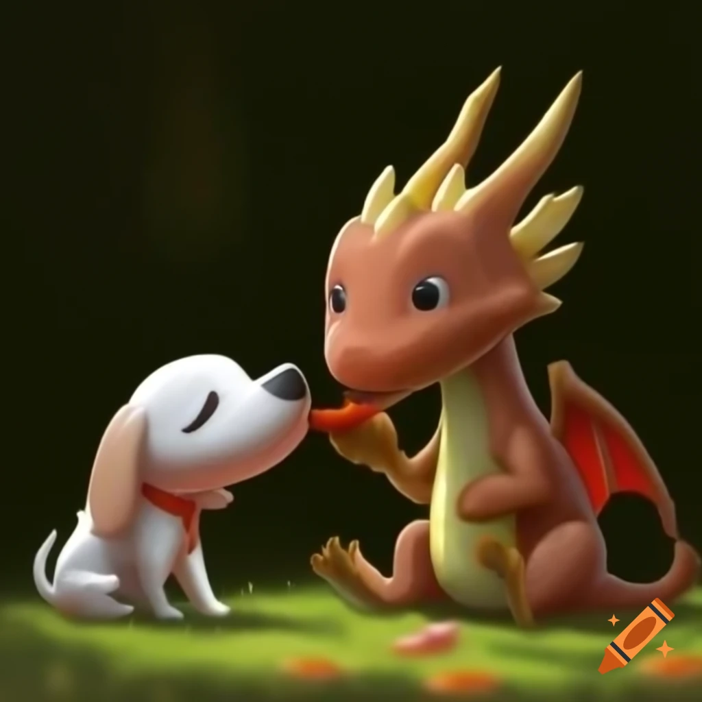 Dragoness and dog sharing a meal