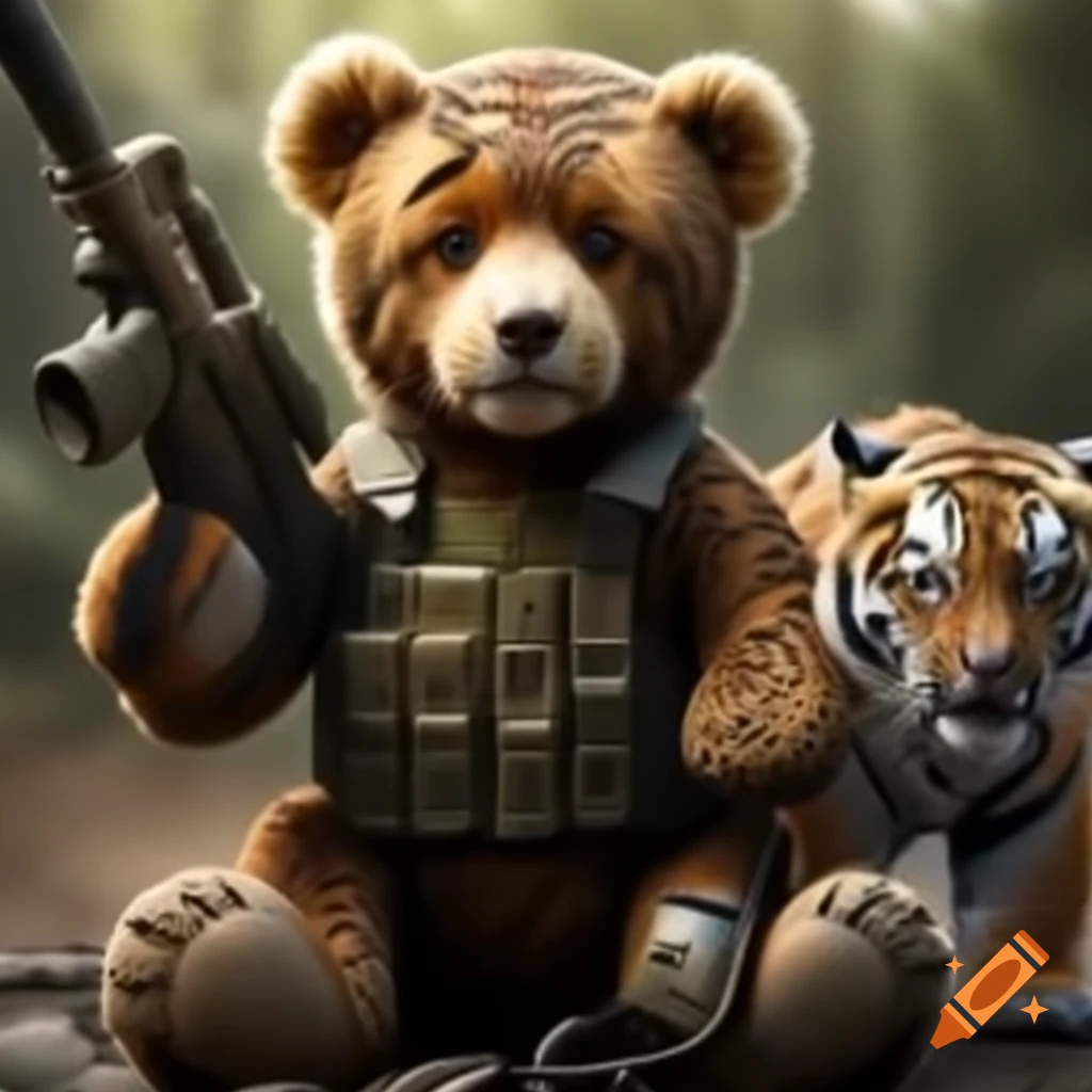 Teddy bear with machine gun facing off against a tiger