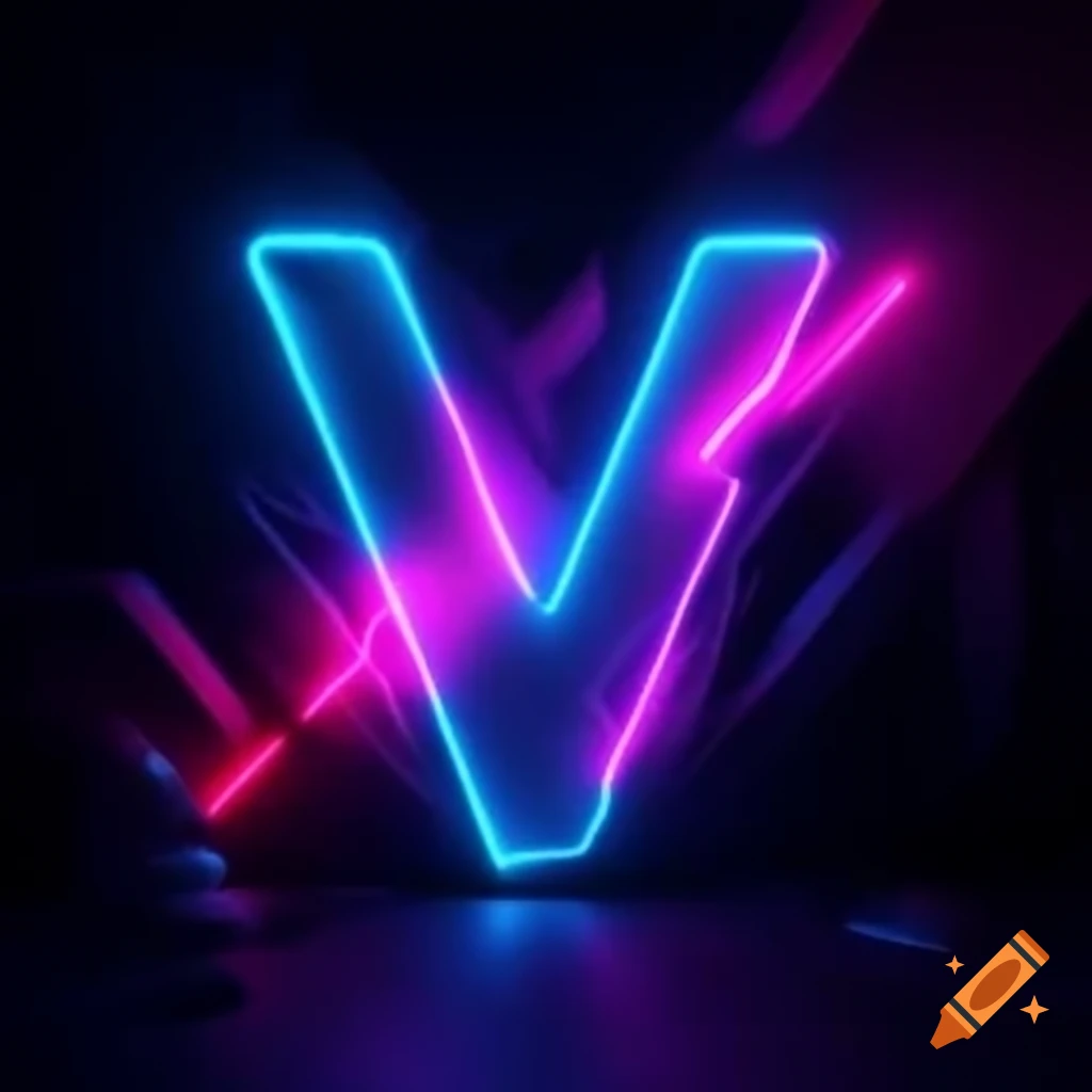 Vibrant neon letter 'v' illuminated with dynamic lighting