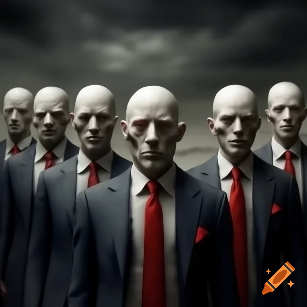 Group of faceless men in suits with red ties in dystopian setting