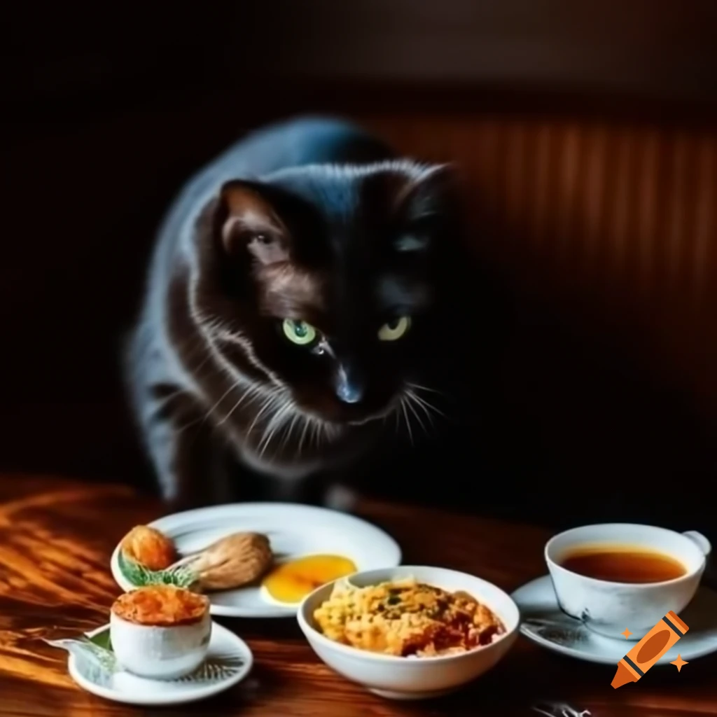 Black cat cooking a big breakfast