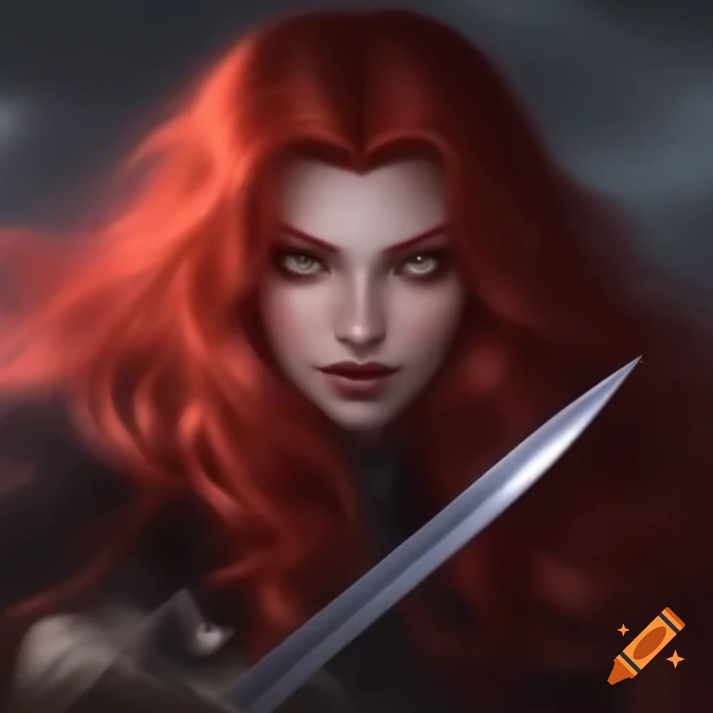 Red-headed woman holding a dagger