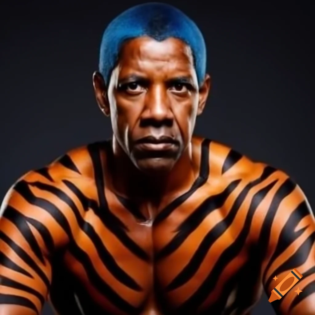 Muscular man with tiger-style makeup featuring blue hair and orange skin