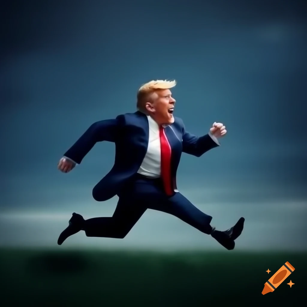 Person running while appearing scared, possibly in a political satire context