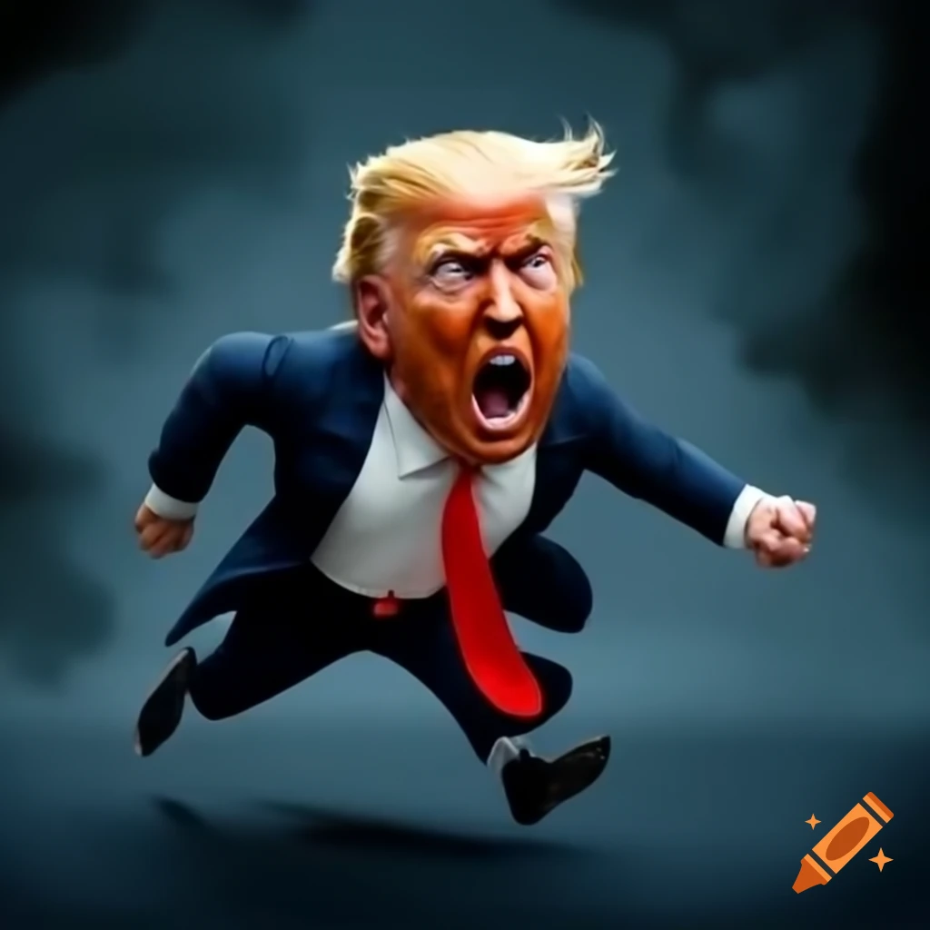 Person running while appearing scared, possibly in a political satire context