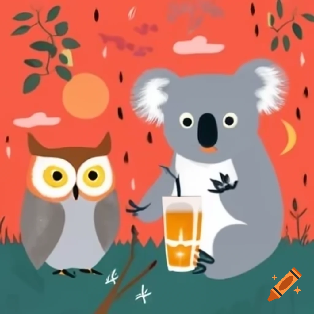 Koala and owl enjoying coffee together