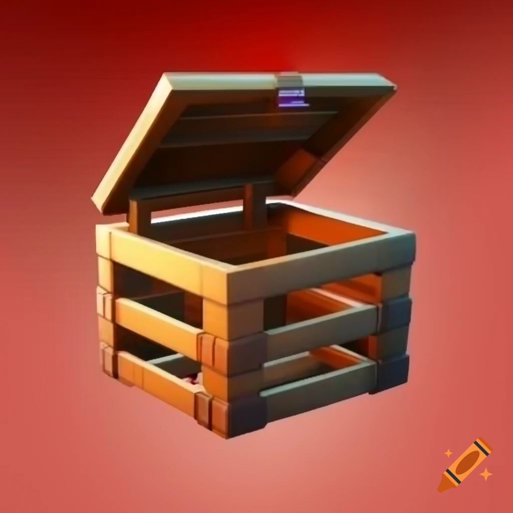 Open wooden crate without lid in Fortnite style