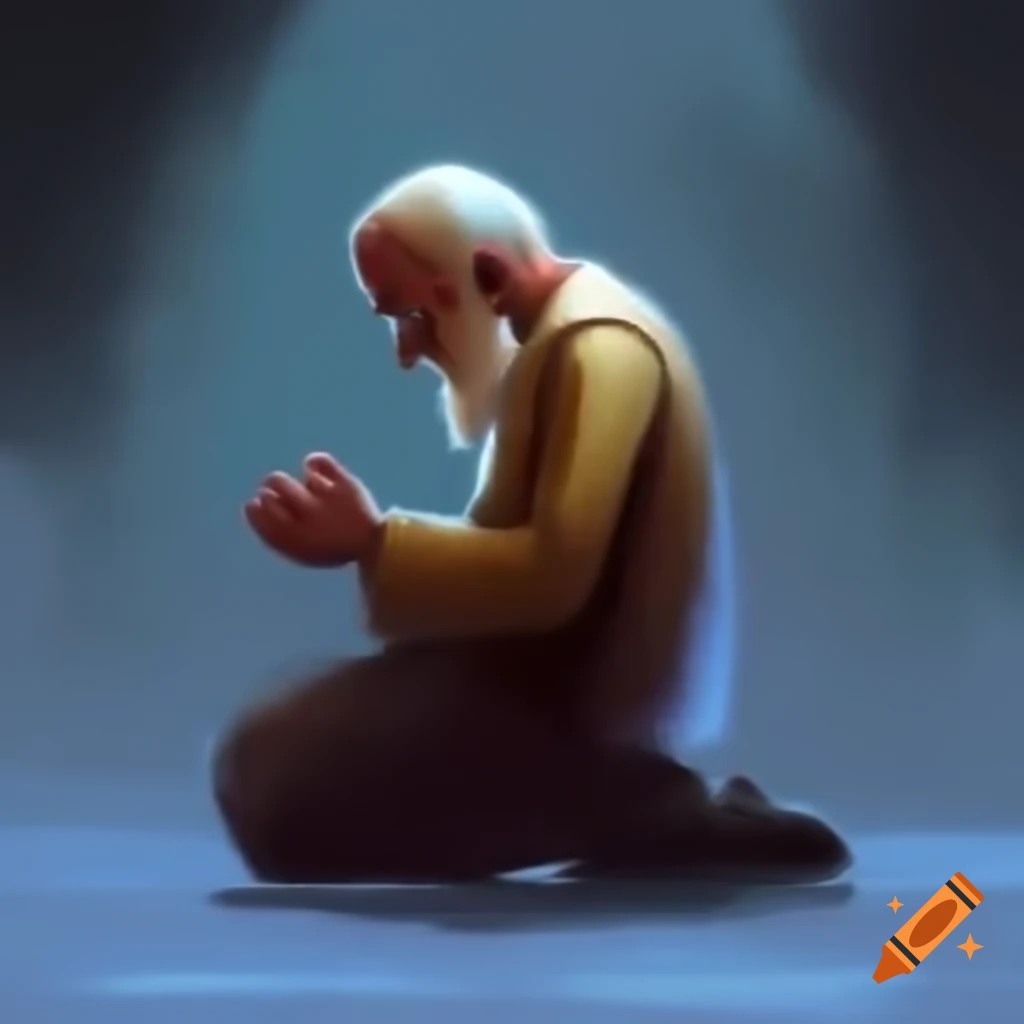 Animated scene of a man kneeling and praying