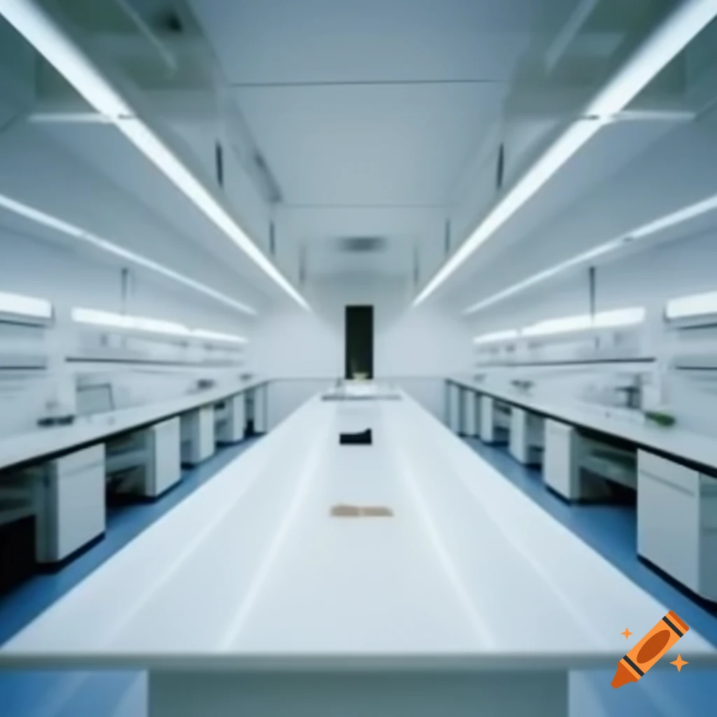 Bright white laboratory with pristine walls and tiled floors under diffused lighting
