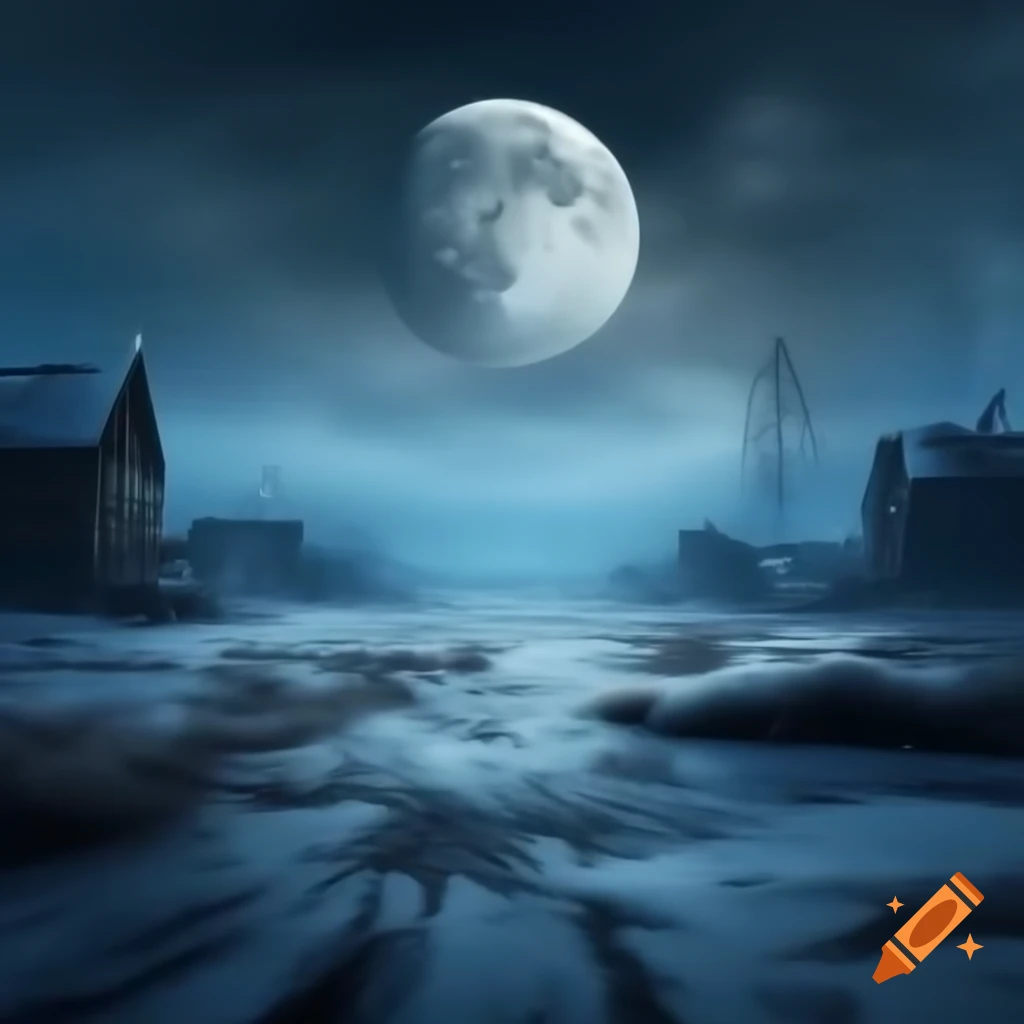 Frozen wasteland with snow drifts and abandoned houses under full moon