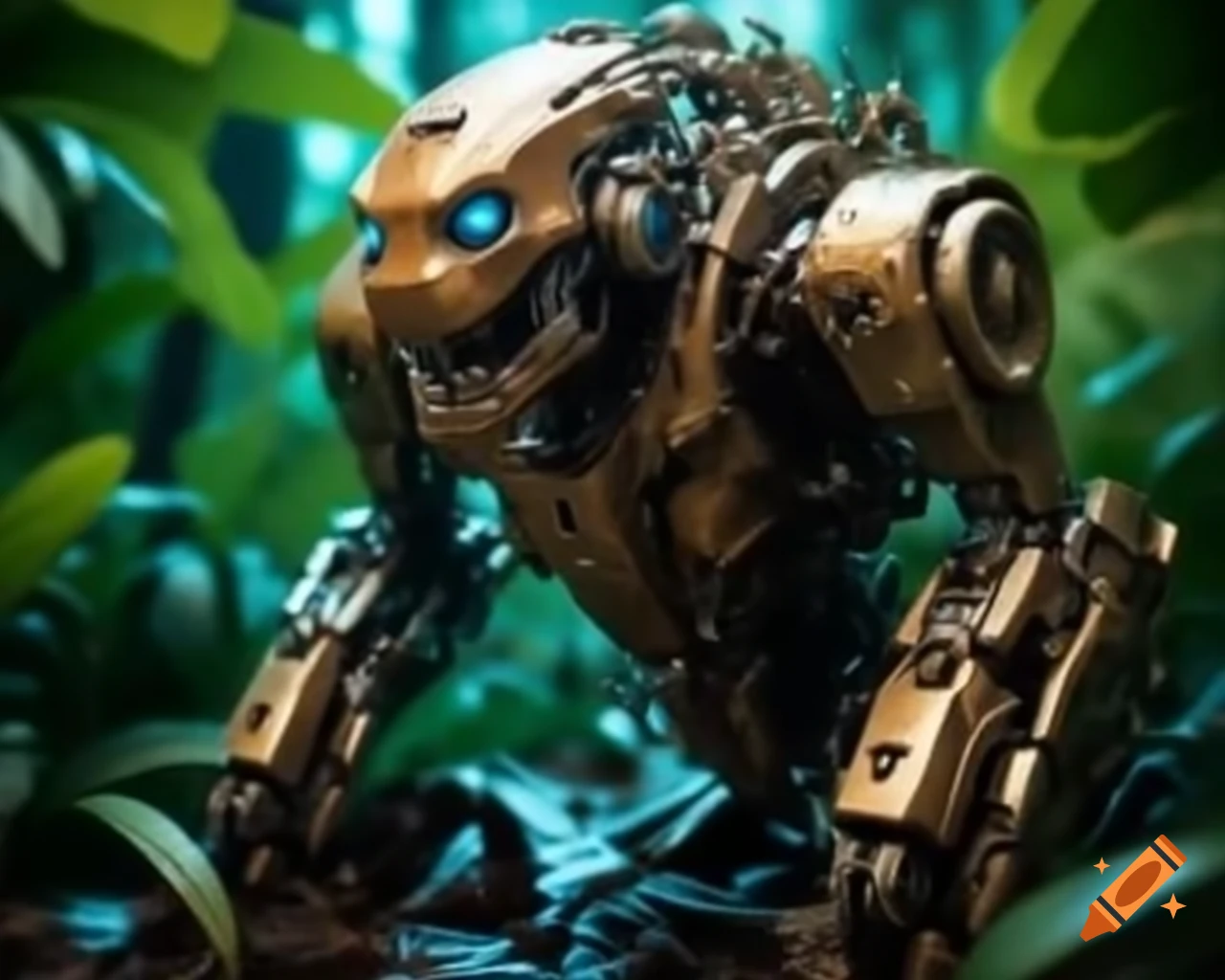 Cybernetic animal in futuristic jungle with metallic plants