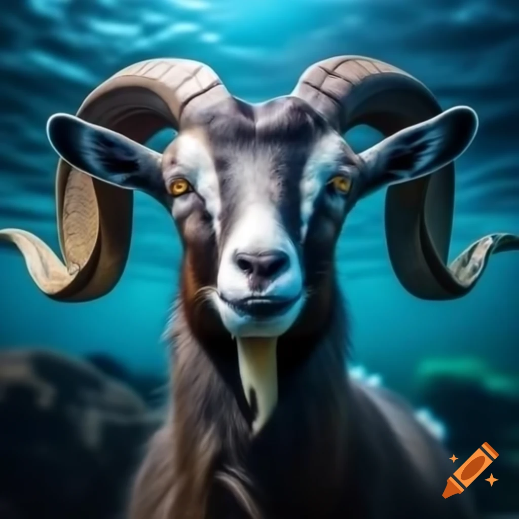 Majestic male sea goat by water's edge with zodiac symbols around