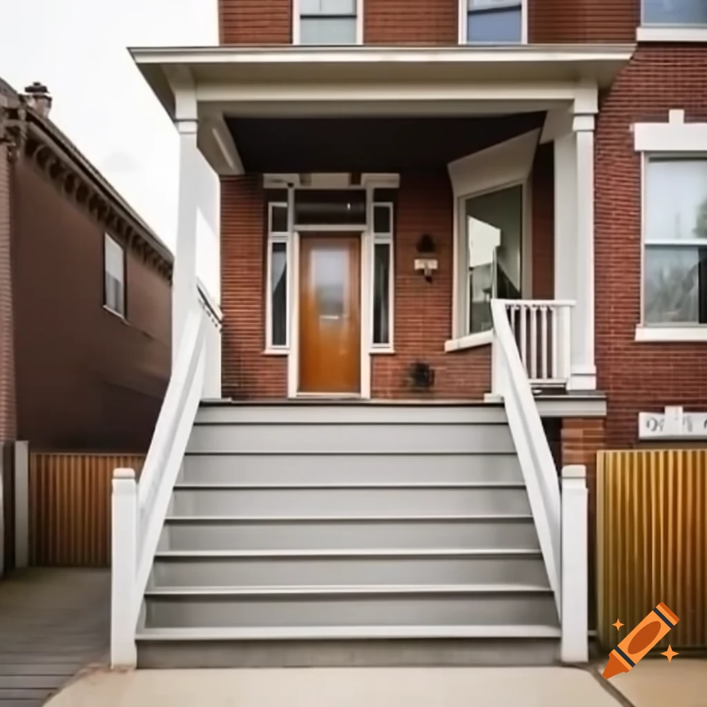 Brick townhouse with concrete stairs and porch featuring a white metal fence