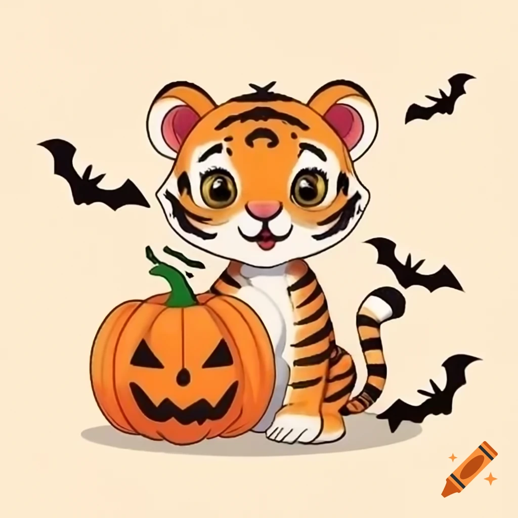 Tiger cub playing with a pumpkin and bats around