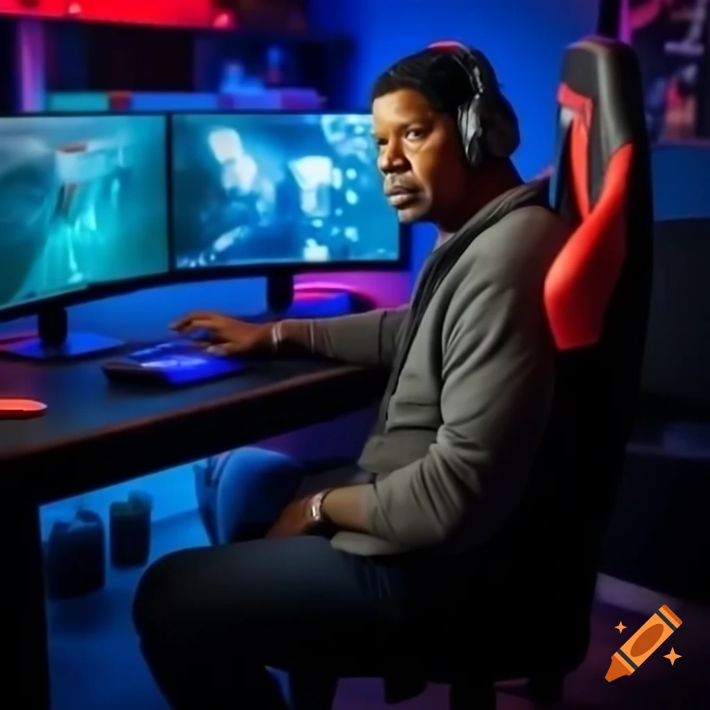Denzel Washington in casual outfit with headphones observing crashed computer in gaming room