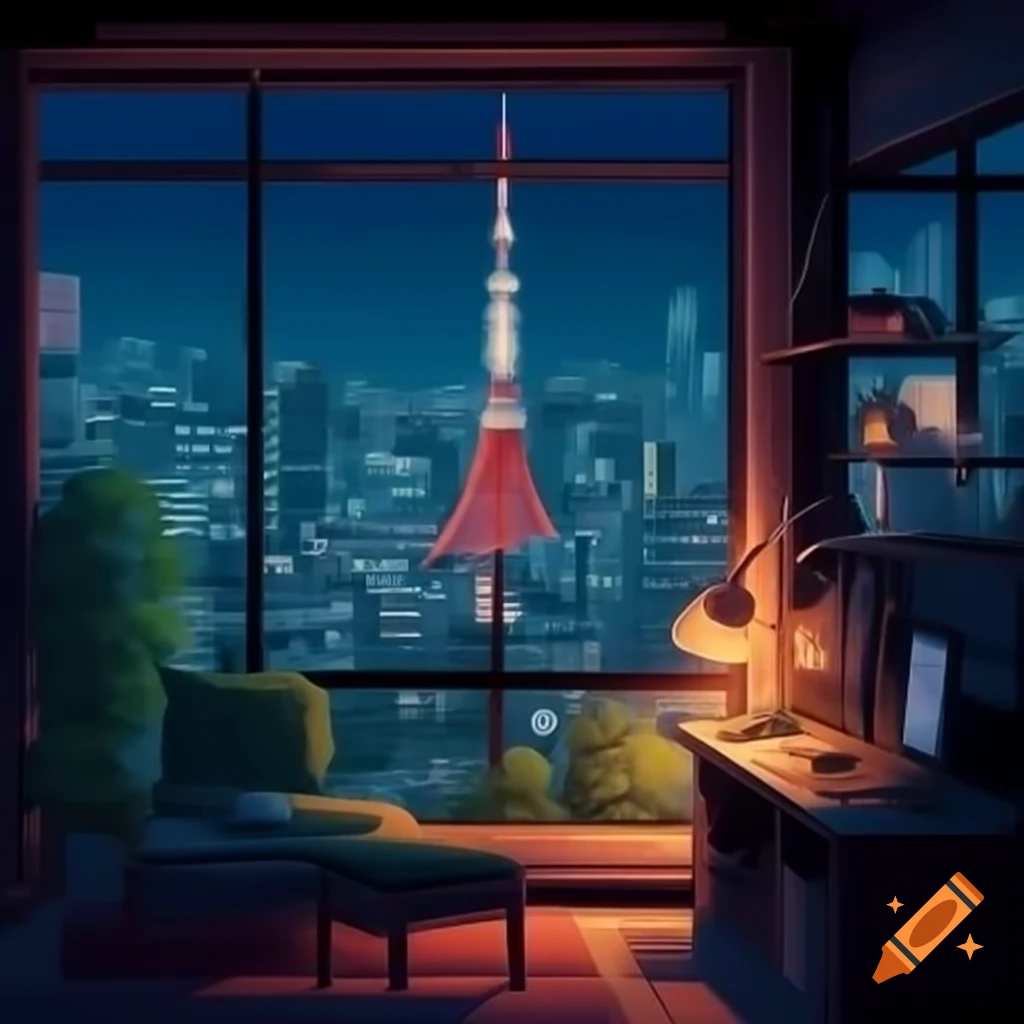 Cozy apartment interior with city view featuring Tokyo Tower and warm ambient lighting