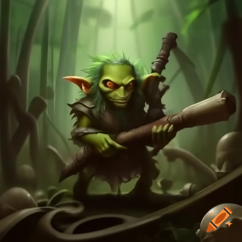 Goblin creating weapon from nature and scrap in jungle