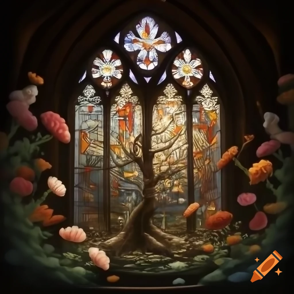 Gothic stained glass window depicting Tree of Life surrounded by flowers