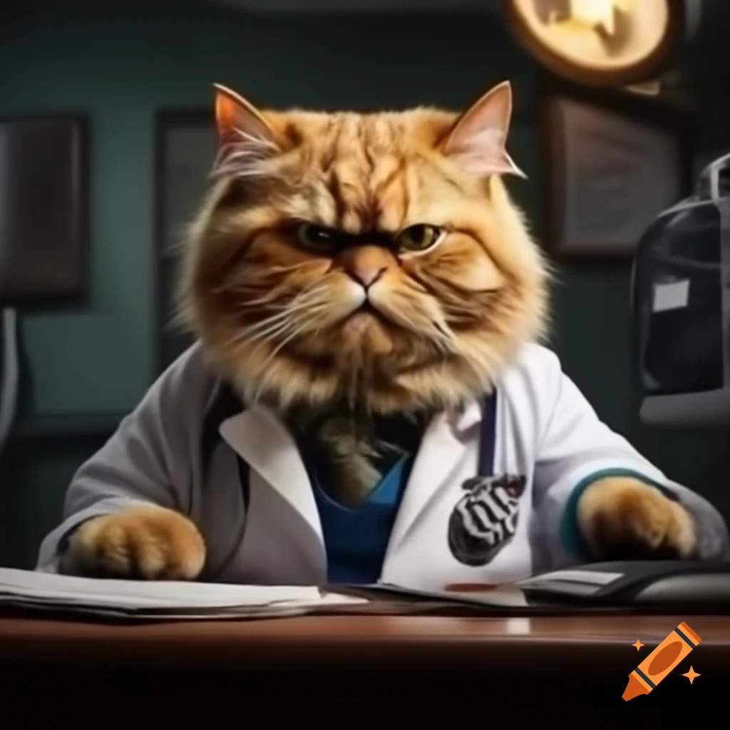 Angry yellow cat in doctor's uniform checking blood pressure of human patient