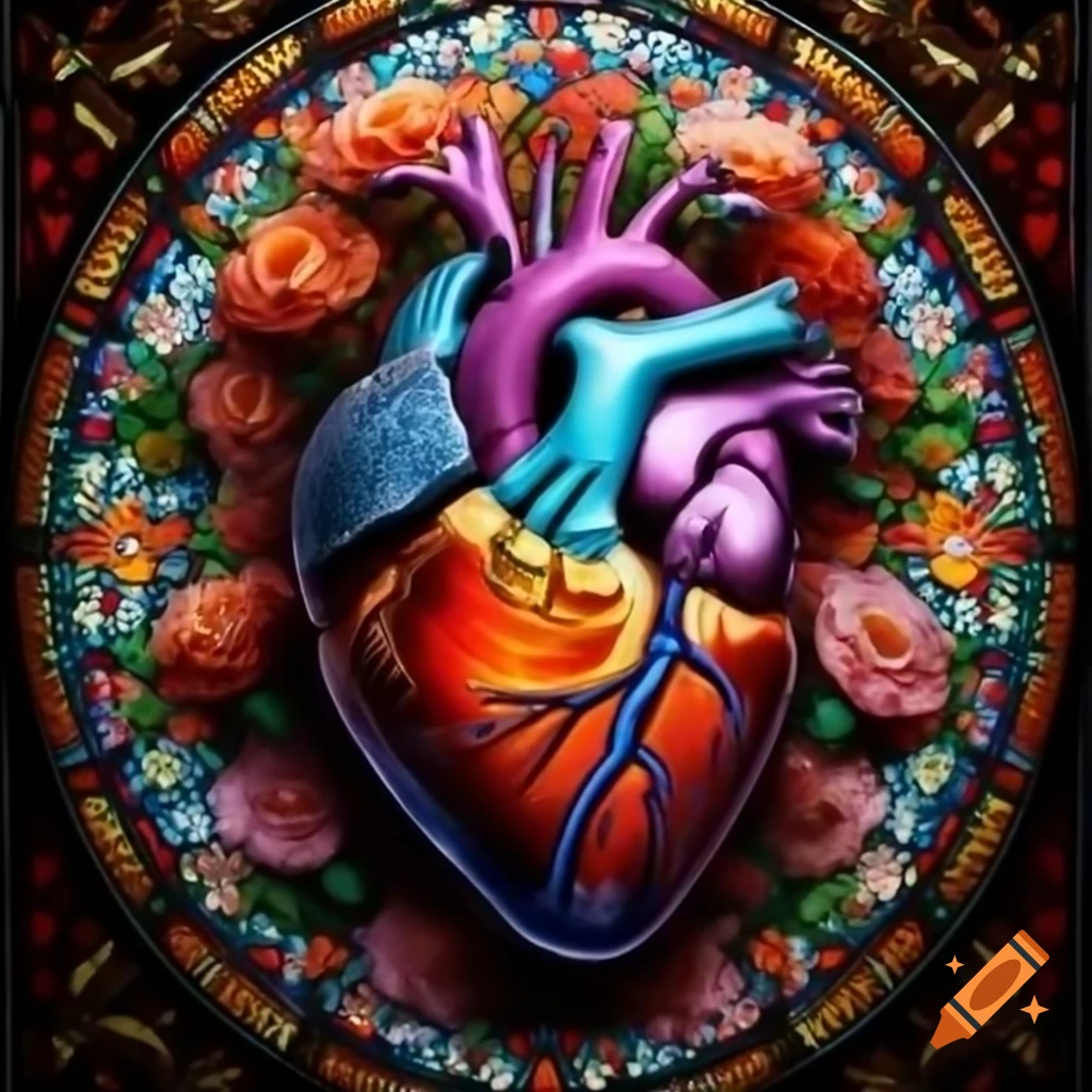 Vibrant stained glass anatomical heart surrounded by flowers, detailed design