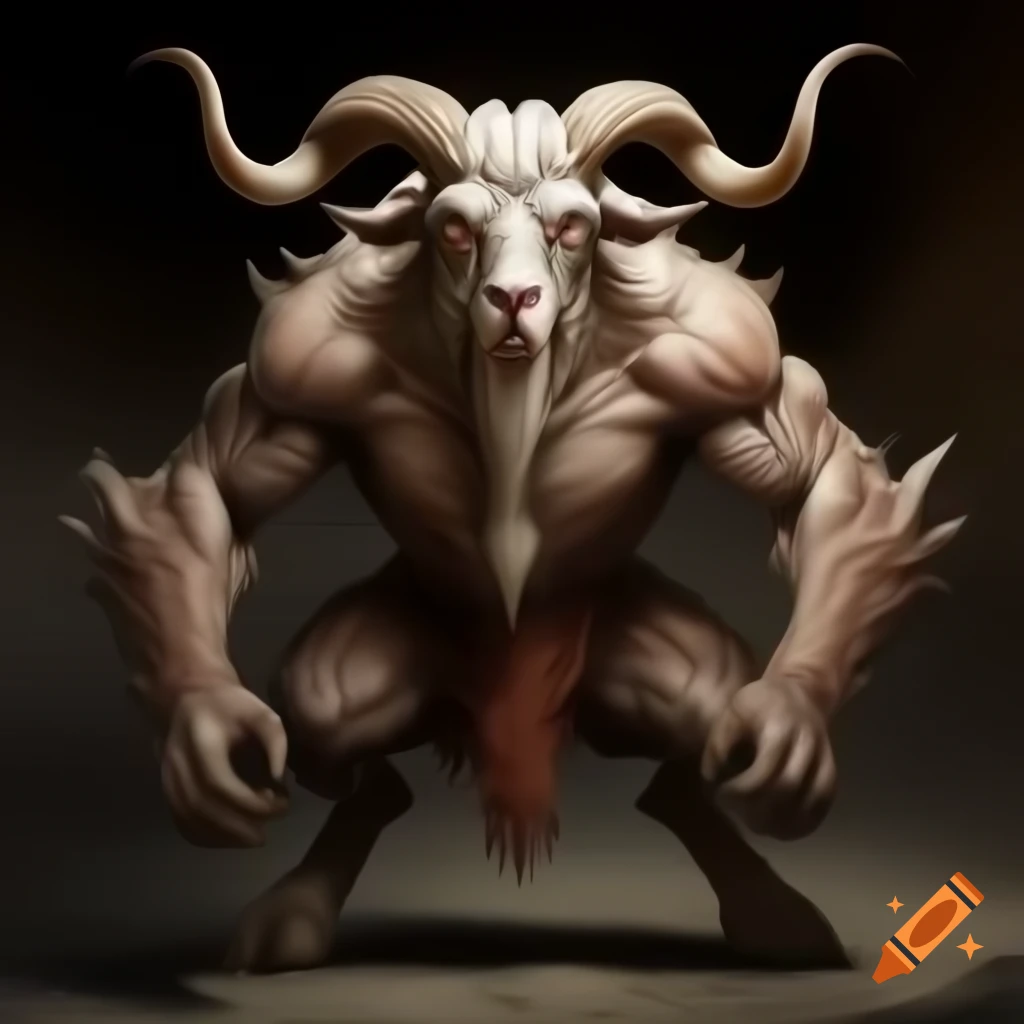 Realistic oil painting of a goat-headed demon with large muscular build and impressive horns