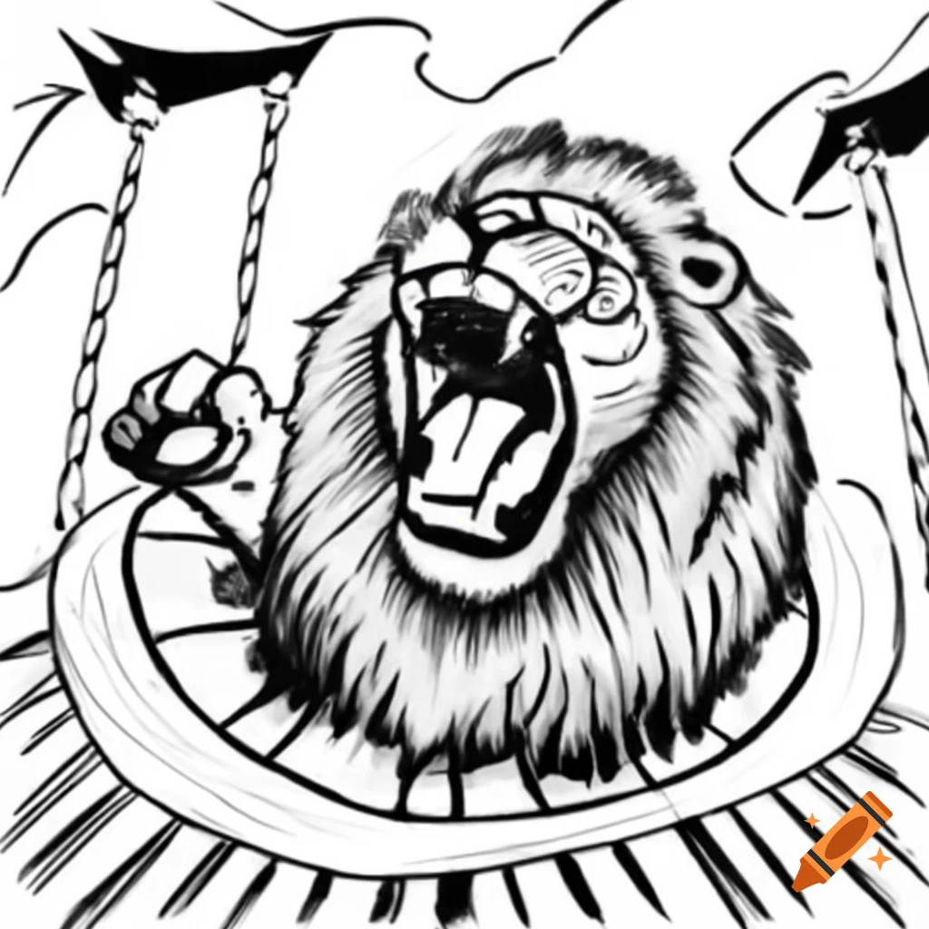 Black and white sketch of lion roaring in circus advertisement on craiyon