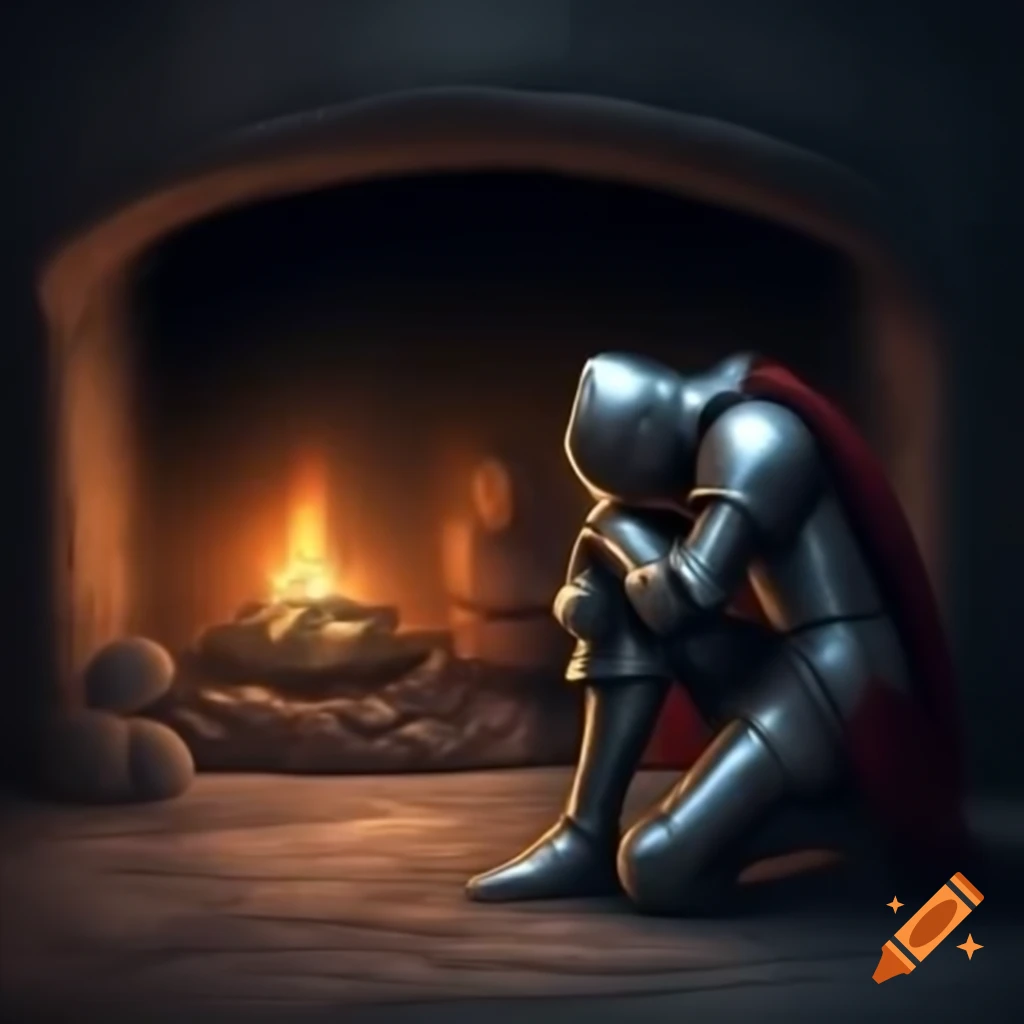 Sad knight sitting near fireplace
