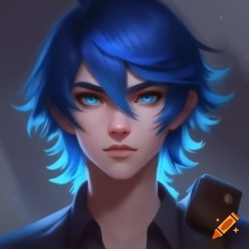 Young man with blue eyes and mid-length blue hair, featuring acne