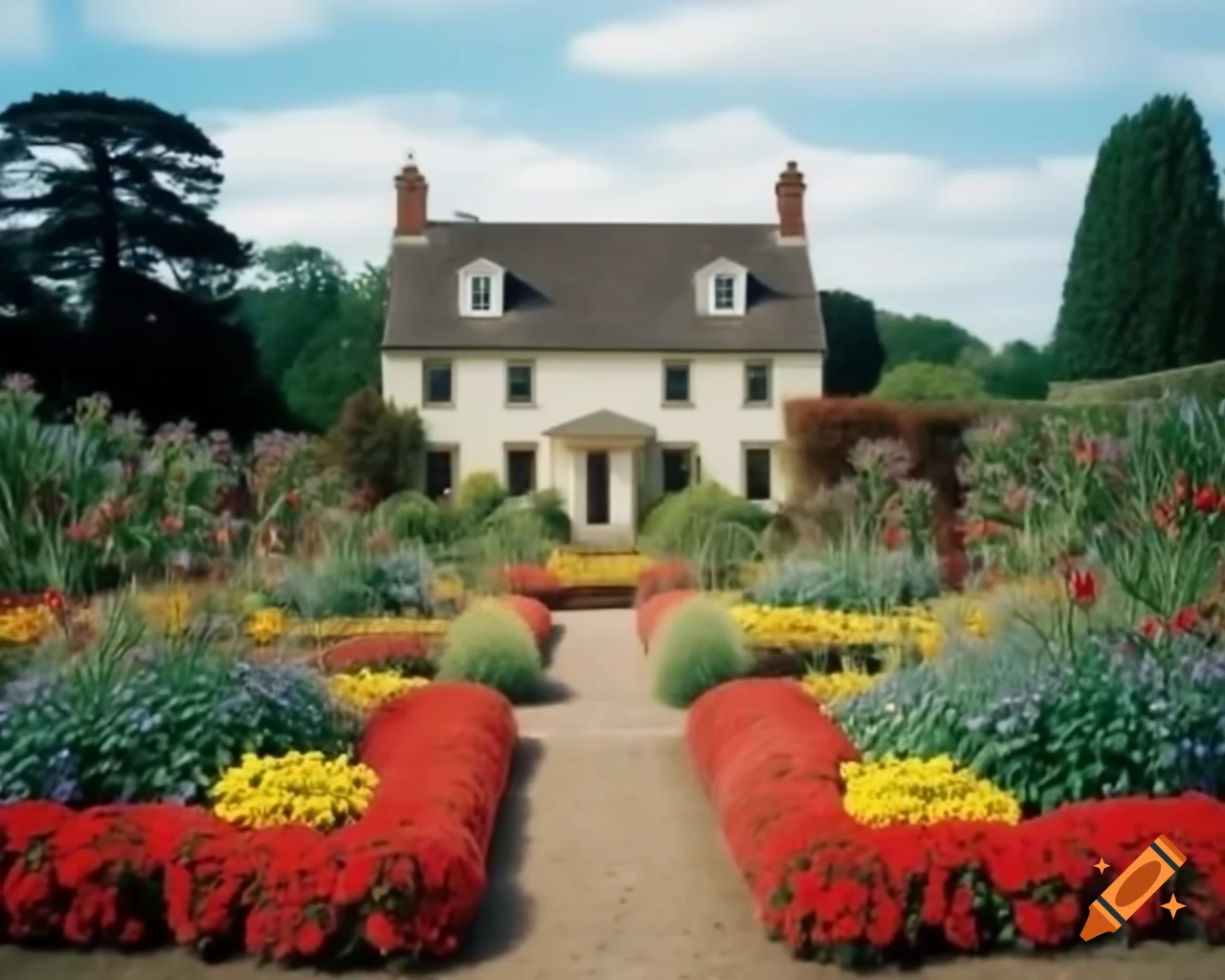 Charming country house with manicured garden and colorful chrysanthemum flower beds