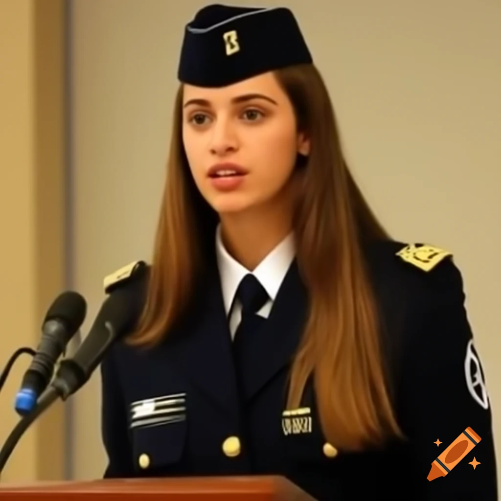Young woman in uniform delivering speech at funeral in desert setting