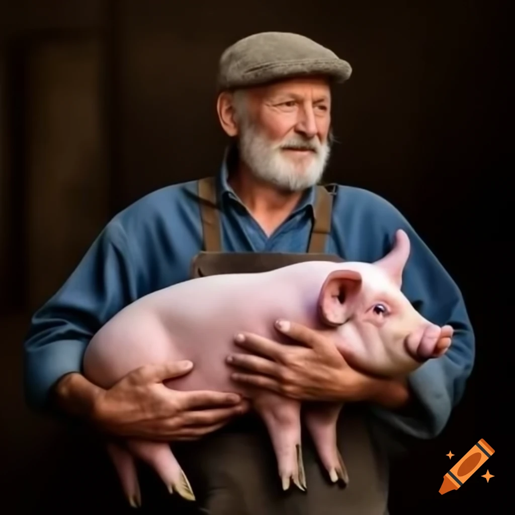 Old farmer holding pet pig